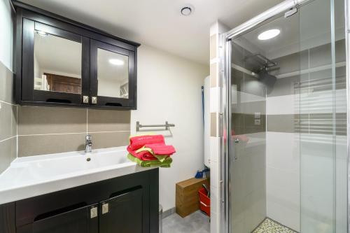 a bathroom with a sink and a shower at Chalet La Sportive in Cornimont