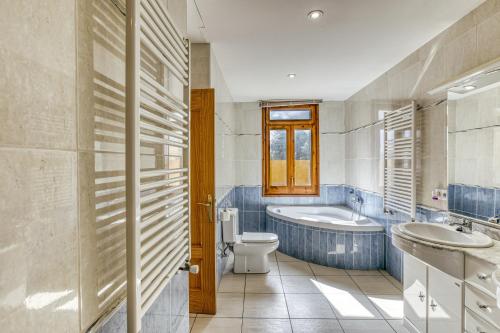 a bathroom with a tub and a toilet and a sink at Les Cabretes Vilanova de la Muga in Vilanova de la Muga