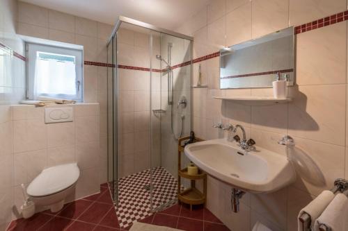 a bathroom with a shower and a sink and a toilet at Ferienwohnung Valentina in Schwendau