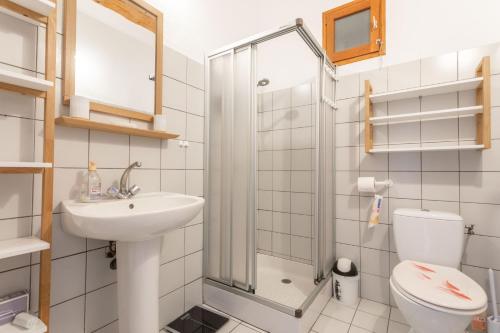 a bathroom with a toilet and a sink and a shower at Maison Collo in Collobrières