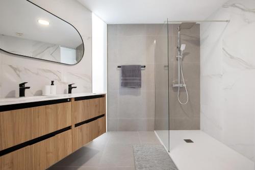 a bathroom with a shower and a sink at Las Cuestitas Sol in Pájara
