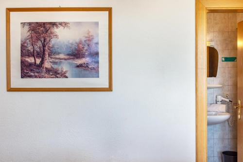 a picture hanging on a wall in a bathroom at Apt Waldblick in Maranza
