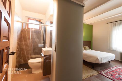 a bathroom with a toilet and a shower and a bed at Can Vilallonga in Sant Feliu de Pallerols