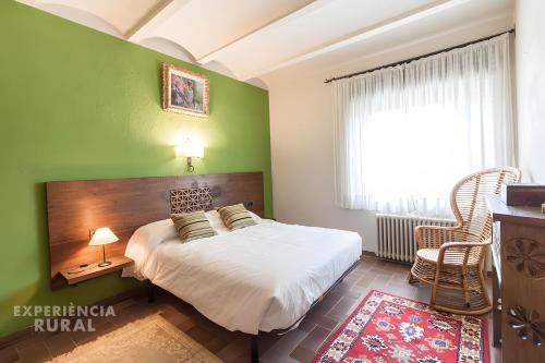 a bedroom with a bed and a green wall at Can Vilallonga in Sant Feliu de Pallerols