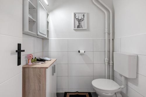 a white bathroom with a toilet and a sink at Haus Rübezahl in Bayerisch Gmain