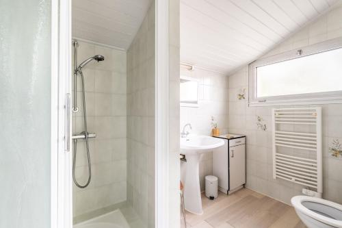 a bathroom with a shower and a toilet and a sink at Cap sur la détente - 128 in Pornic