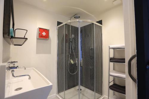 a bathroom with a shower and a sink at Guidon Fourchette et table d'hôtes in Saint-Bonnet-de-Salers