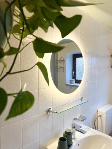 a bathroom with a sink and a mirror at Ferienwohnung Immergrün in Stetten am Kalten Markt