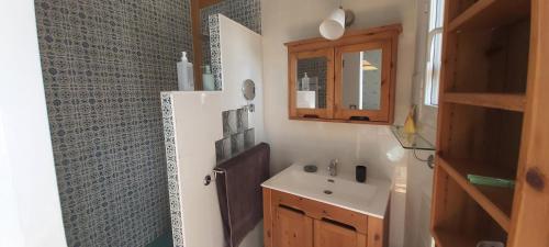 a small kitchen with a sink and a refrigerator at Le Gite De La Colline in Nérac