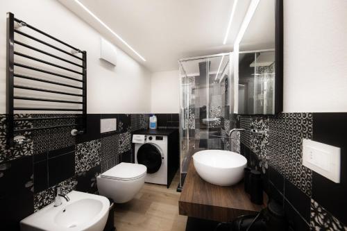 a bathroom with a toilet sink and a washing machine at Appartamento Mazzin in Mazzin