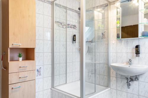 a bathroom with a shower and a sink at Fewo Naturblick in Wiesenthau