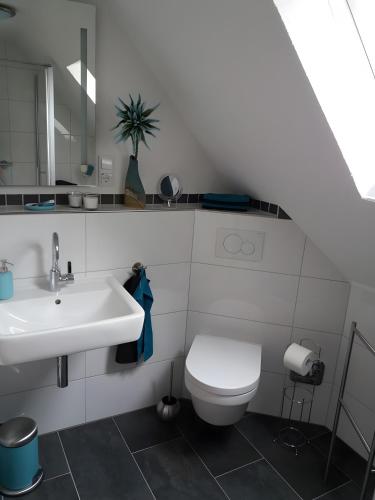 a bathroom with a white toilet and a sink at Haus Maruna in Schauenburg