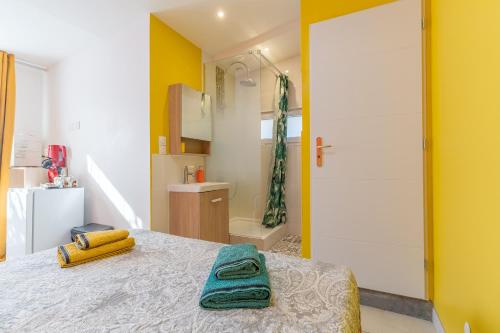 a room with a bed and a bathroom with a shower at La Dolce Vita 2 in Lambesc
