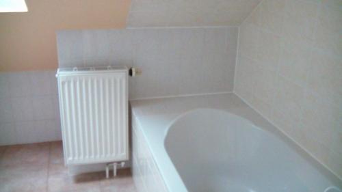 a bathroom with a white toilet and a radiator at Ferienwohnung Am Bahnhof in Hochkirch