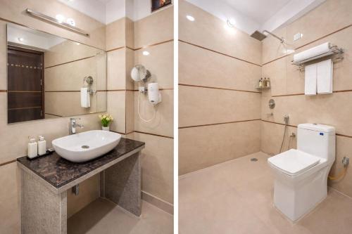 two pictures of a bathroom with a toilet and a sink at Hotel Comfort Inn, Nangloi, Walking from Metro in New Delhi