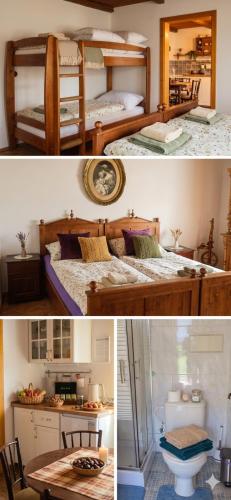 two pictures of a bedroom with two bunk beds at Stateček plný zvířátek in Žlebské Chvalovice