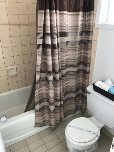 a bathroom with a toilet and a shower curtain at Motel Belle Riviere in Saint-Jean-sur-Richelieu