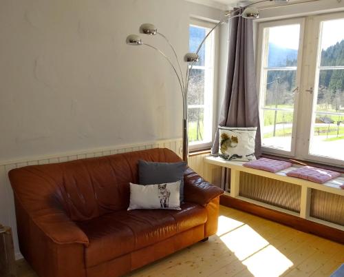 a brown leather couch in a living room with windows at Fewo Moonshine 79 in St. Blasien