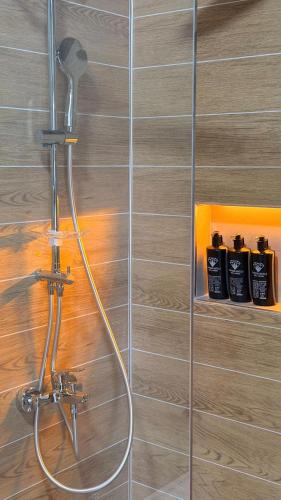 a shower with a shower head and four bottles of soap at Diamond Koru Hotel in Amasra