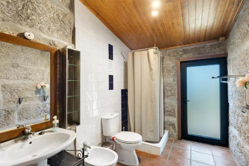 a bathroom with a toilet and a sink and a shower at Casa de Andrães Camélias in Marco de Canaveses