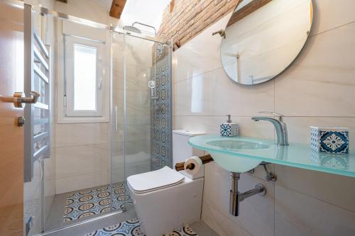 a bathroom with a sink and a toilet and a shower at Casa rural Mestre in Deltebre