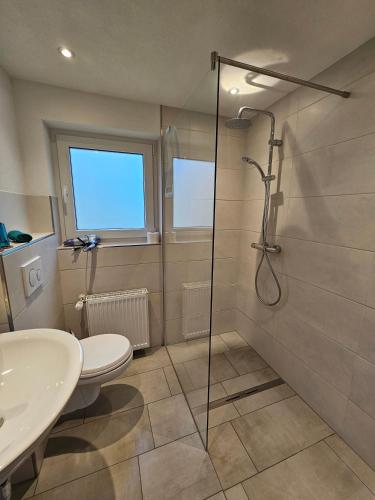 a bathroom with a shower and a toilet and a sink at Ferienhaus am Bach in Wieden
