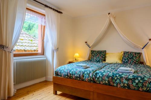 a bedroom with a canopy bed and a window at Villa Balboa in Sondernach