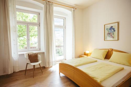 a bedroom with a large bed and two windows at Freienfeldhof Golden in Lagundo