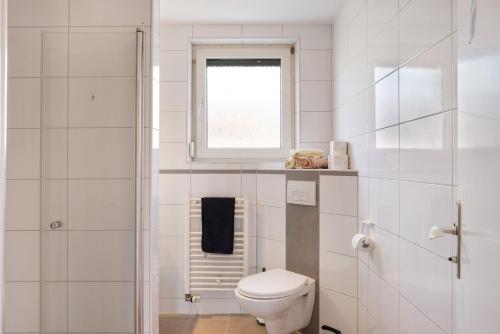 a white bathroom with a toilet and a window at Haus Lerchenweg B in Bad Wildungen