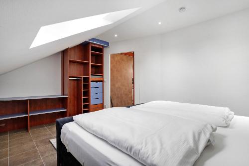 a bedroom with a white bed and a skylight at Le Quartier Blackforest-Straßburg in Willstätt