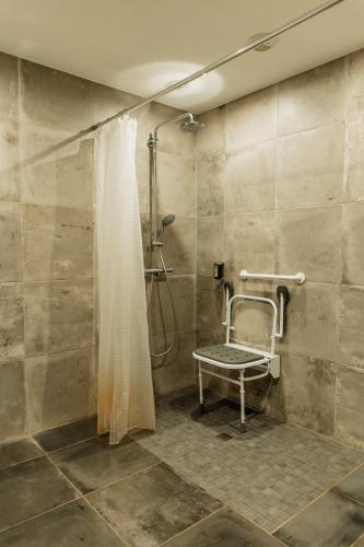 a shower with a shower curtain in a bathroom at L'éclos des vignes - Appartements haut de gamme avec Spa in Bergheim