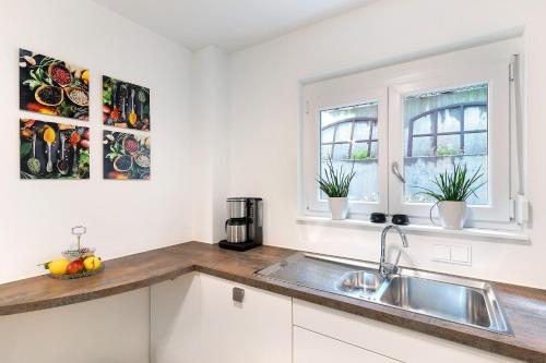 a kitchen with a sink and two windows at Ferienwohnung Kleeblatt in Herbolzheim