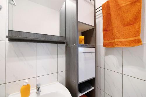 a bathroom with a sink and a mirror at Ferienwohnung Laage in Laage