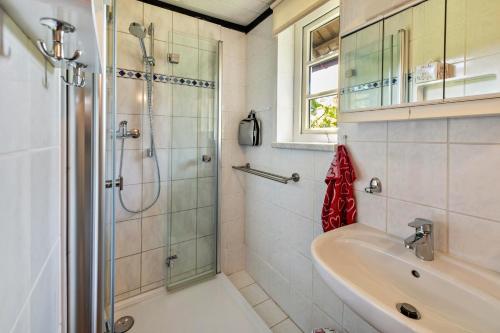 a bathroom with a shower and a sink at Fachwerkferienhaus in Ulrichshusen