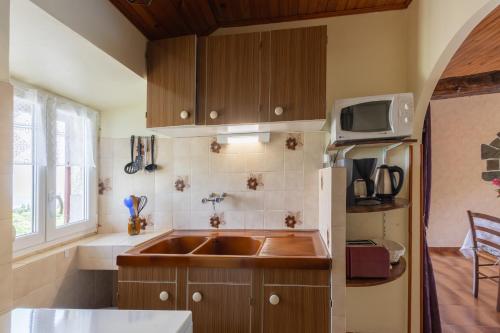 a kitchen with a sink and a microwave at Les Gîtes du Mas Lachamp in Gravières