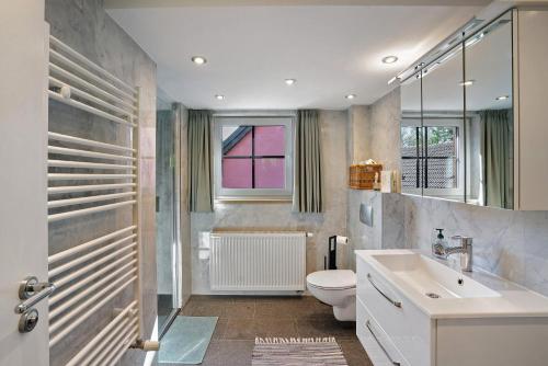 a bathroom with a sink and a toilet and a window at Ferienhaus Ludava in Hofmarksgasse