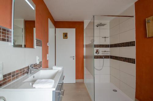 a bathroom with a sink and a shower at Haus Sieber in Schiltach