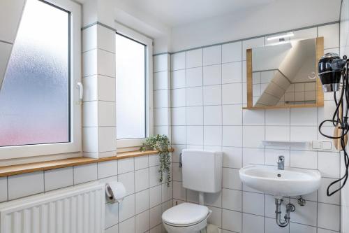 a bathroom with a toilet and a sink at Ferienwohnung Altstadtblick in Alsfeld