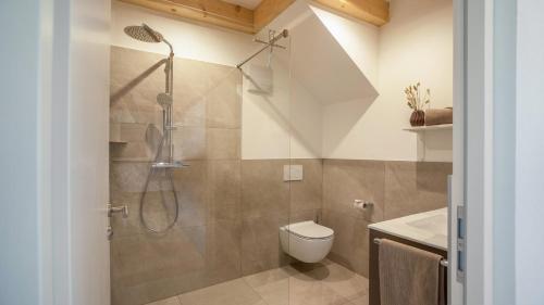 a bathroom with a shower and a toilet and a sink at Meine Bleibe Apartment Olive in Appiano sulla Strada del Vino