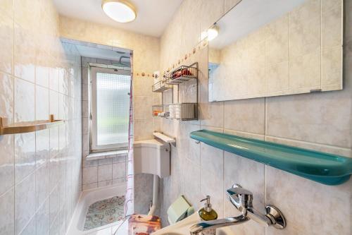 a small bathroom with a sink and a mirror at Haus Seeblick in Malchow