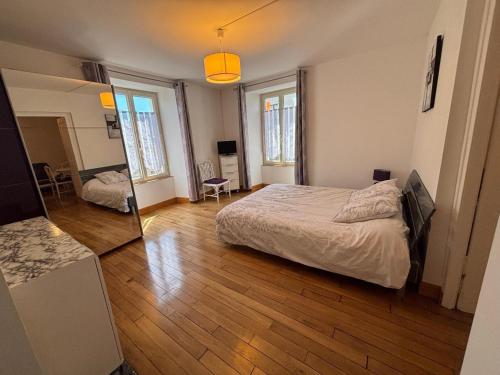 a bedroom with a bed and a large mirror at Gîte De La Petite Croix Blanche in Les Riceys