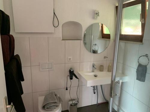 a small bathroom with a sink and a mirror at Lieblingsplatz in Weiler-Simmerberg