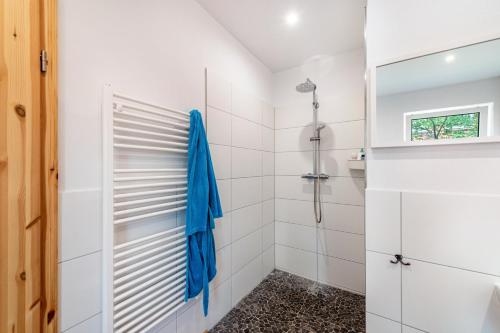 a bathroom with a shower and a blue towel at Moderner Bungalow, rollstuhlgerecht in Warnow