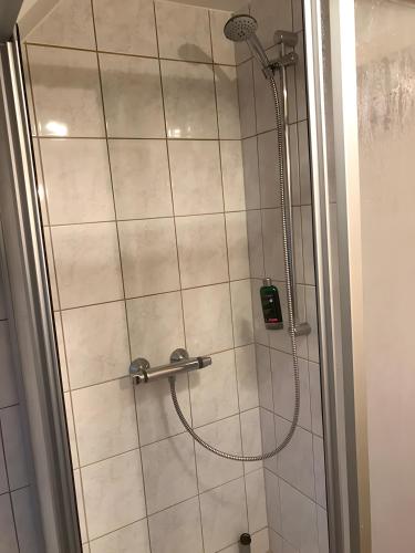 a shower in a bathroom with a glass door at Ferienhaus Osterdeich in Neukirchen