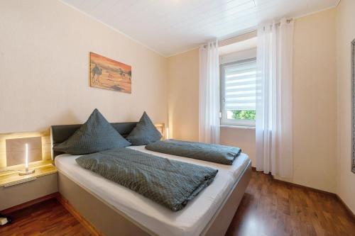 a bedroom with a bed with blue pillows and a window at Ferienwohnung Andres in Briedern