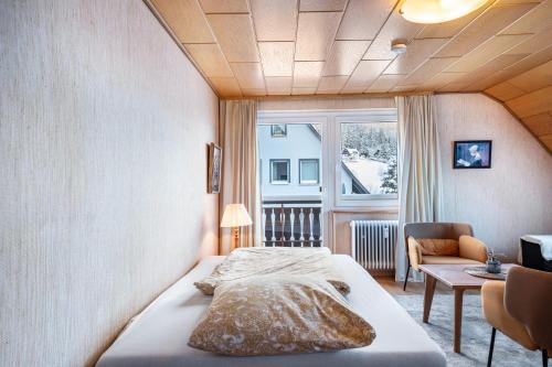 a bedroom with a bed in a room with a window at Haus Doktor Saeltzer in Lenzkirch