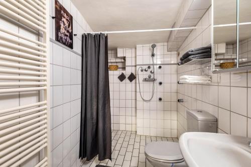 a bathroom with a shower and a toilet and a sink at Briller Gewölbe in Wuppertal