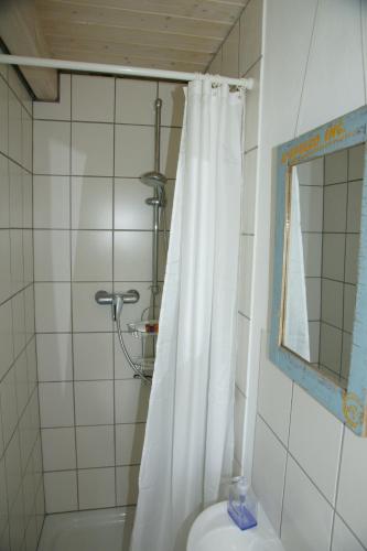 a bathroom with a shower curtain and a toilet at Kate unter Reet im Grünen in Buchholz