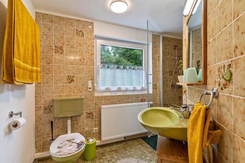 a bathroom with a green sink and a window at Haus Am Waldrand in Schenkenzell
