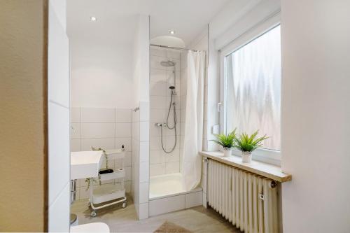 a bathroom with a shower and a sink at Auszeit am Schloss in Geisenheim